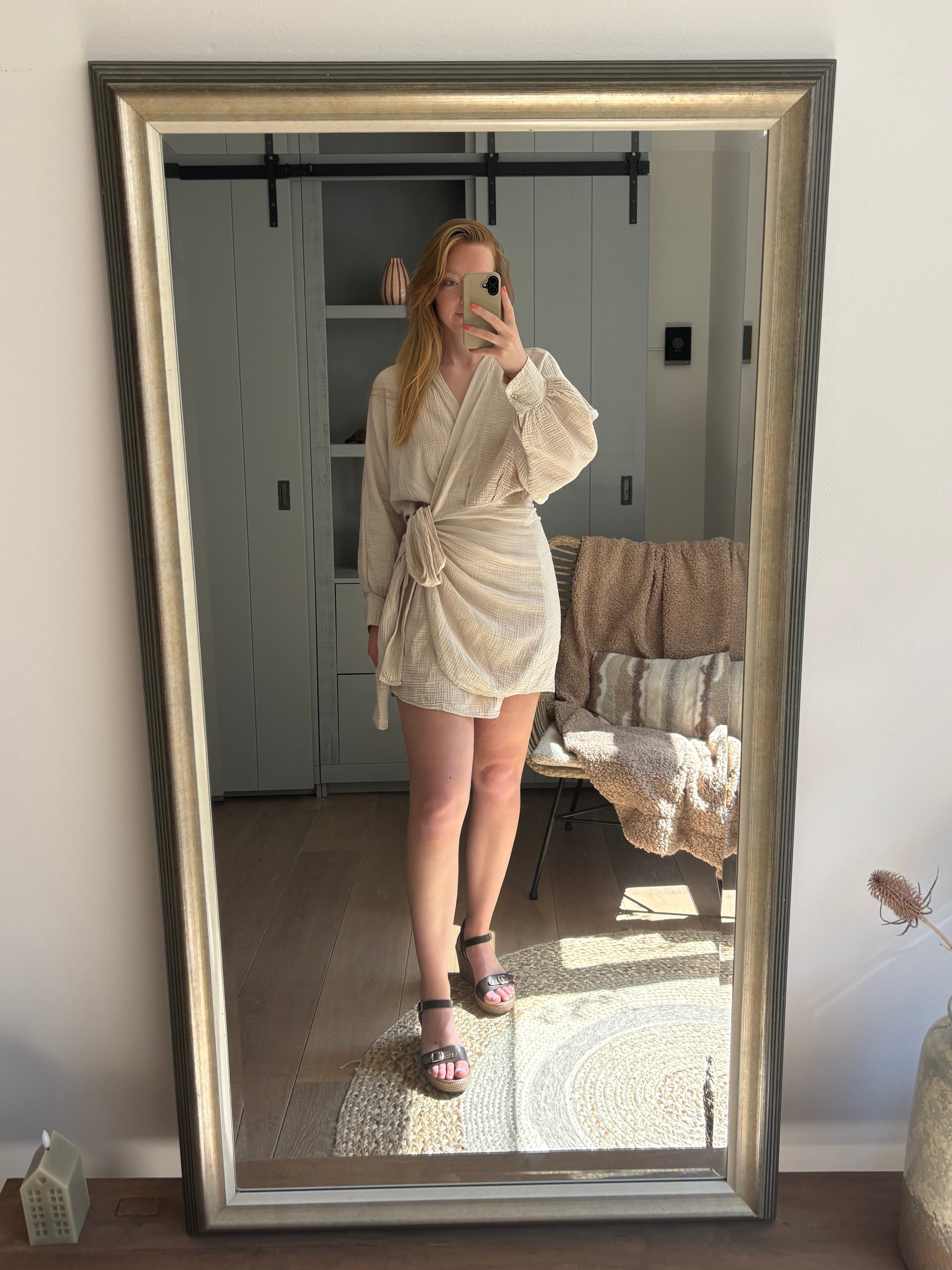 Isla mousseline jurk beige - one size