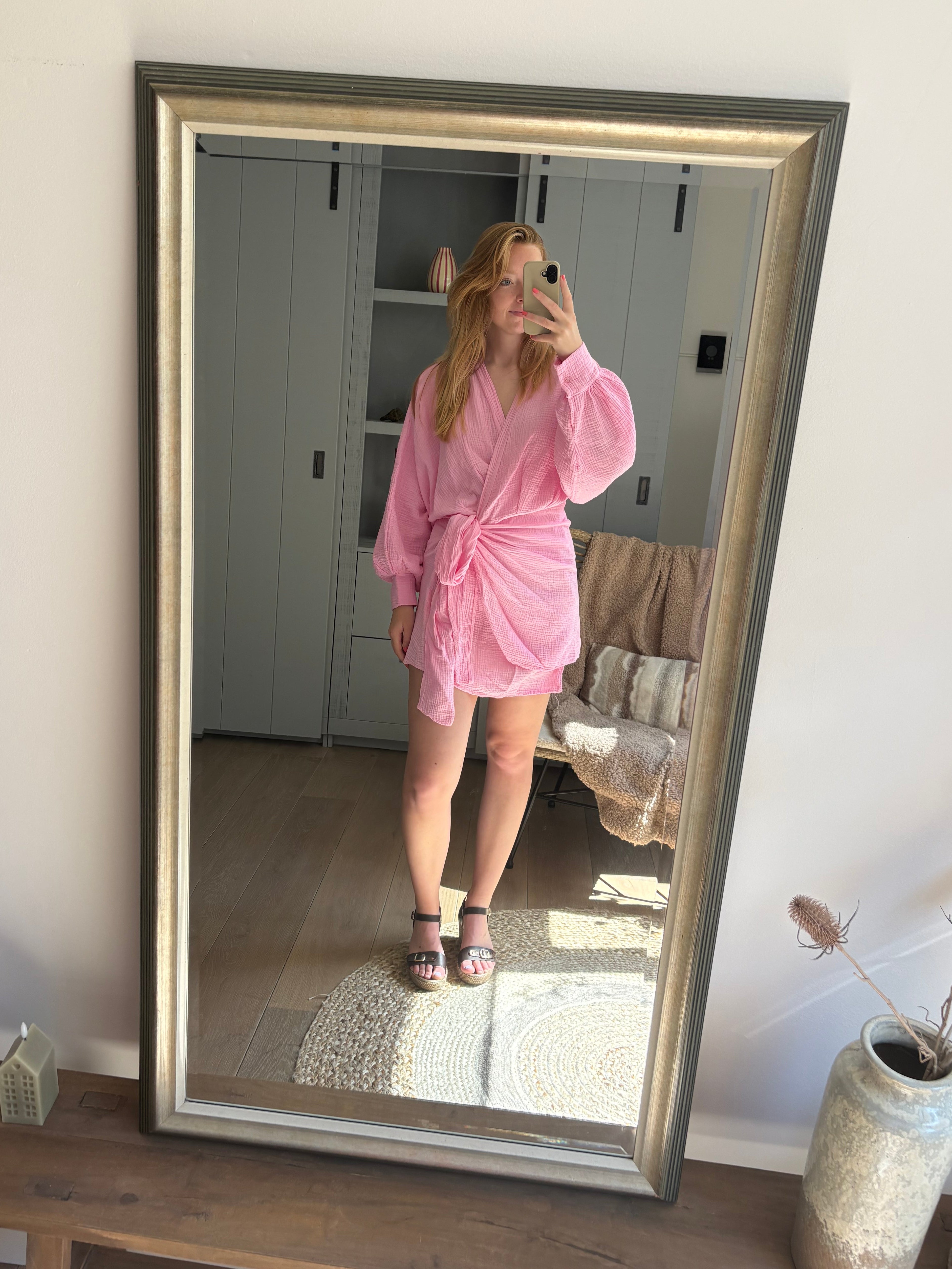 Isla mousseline jurk roze - one size
