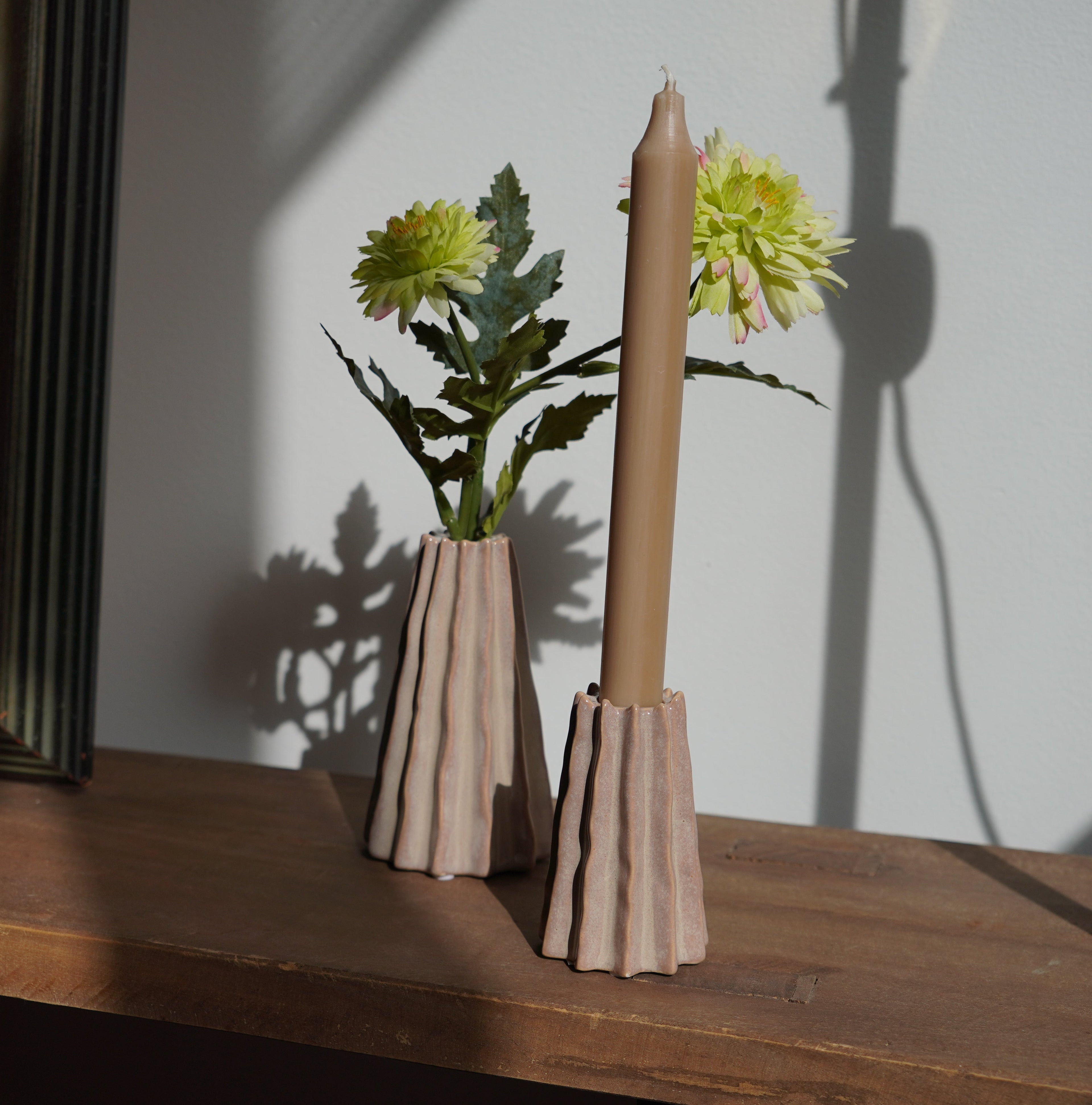 Kandelaar en vaasje set bruin beige keramiek - Néva Living